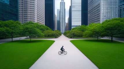 Fototapeta premium a cyclist riding through a city park surrounded by tall buildings, capturing the balance of urban life 