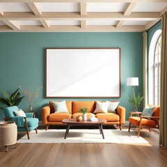Mid-Century Modern Living Room with Mockup Frame: A stylish and inviting living room with a mid-century modern aesthetic, featuring a teal wall, orange sofa, and wood floors.