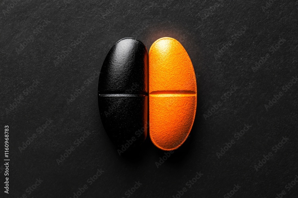 Poster A minimalist graphic of a single pill splitting in half, with one side dark and the other side light, symbolizing the duality of choices