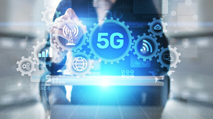 5G Fifth generation of mobile internet. Fast connection. Telecommunication concept on virtual screen.