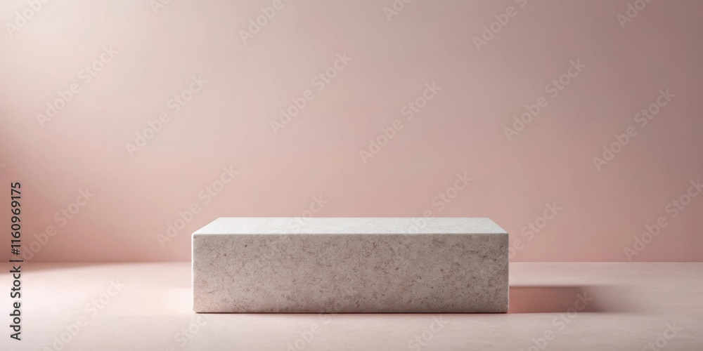 Poster a simple, minimalist stone platform set against a soft pink backdrop, perfect for displaying product