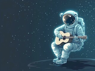 astronaut playing acoustic guitar with stars on background 