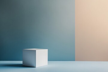 Fototapeta premium Minimalist white cube on blue background