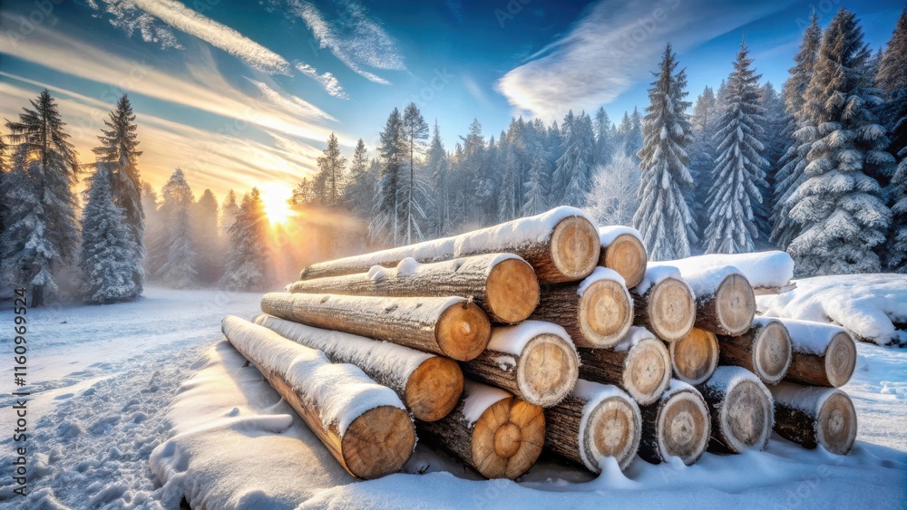 Poster a winter scene with a pile of logs resting in the snow, bathed in the golden light of a setting sun,
