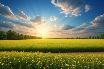 arafed field of yellow flowers with sun shining through the clouds