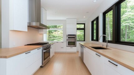 Fototapeta premium Modern kitchen with sleek design and large windows for natural light.