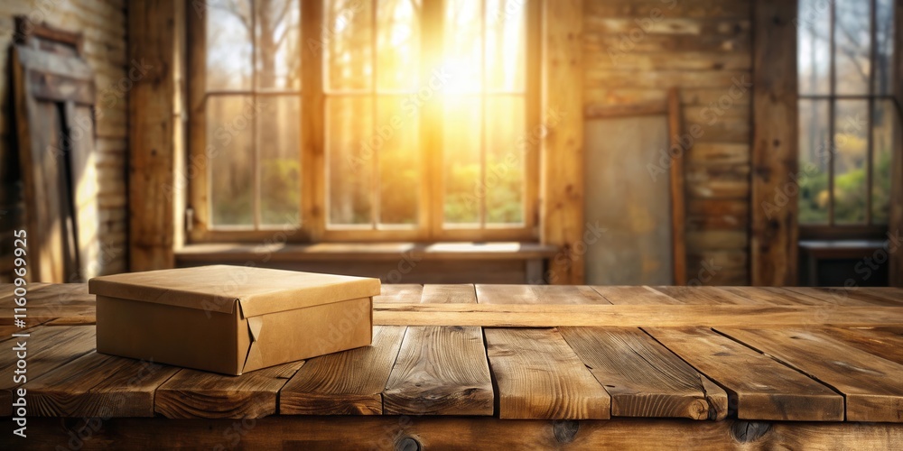 Aufkleber Rustic Wooden Table With a Cardboard Box in Front of a Window With Sunlight Streaming Through