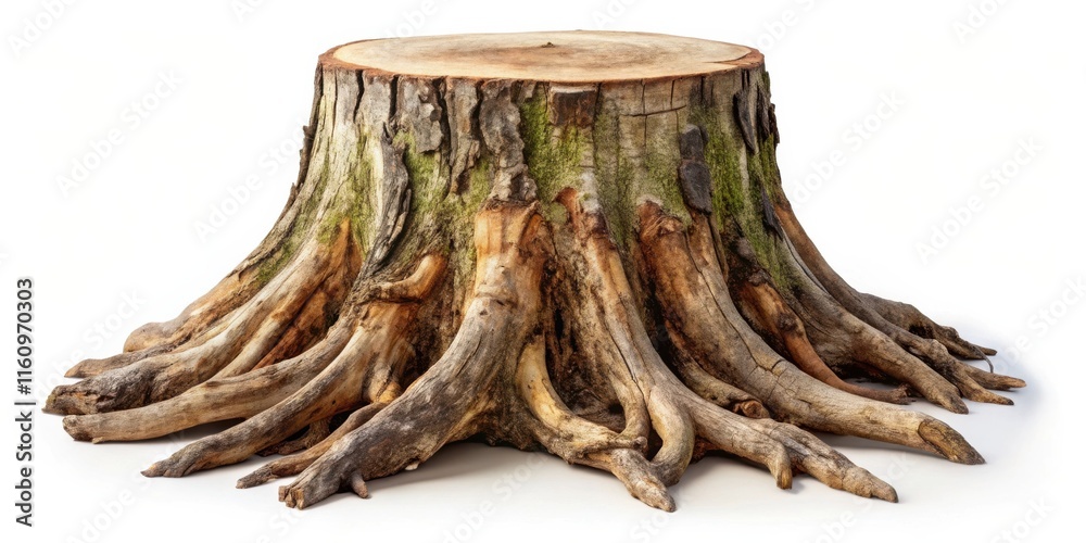 Poster a weathered tree stump with a smooth, flat top and intricate, exposed roots reaching out in all dire