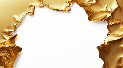 Shiny gold foil with torn edges creating an irregular frame, exposing a white background, ideal for luxury design concepts.