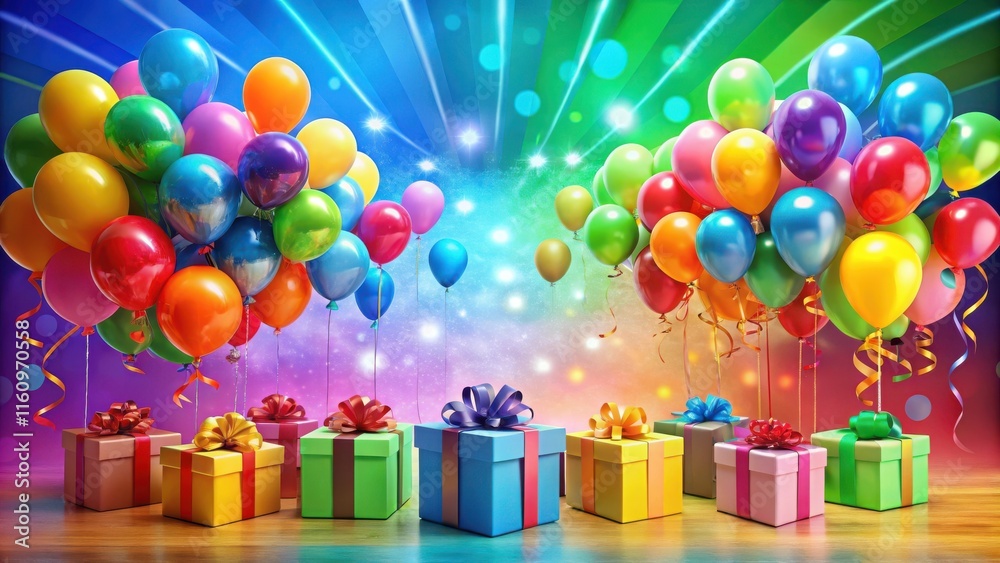 Poster a festive display of colorful balloons and wrapped gifts surrounded by a sparkling rainbow backgroun