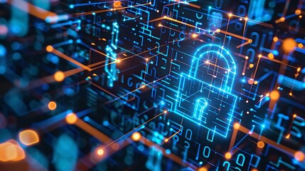 Fototapeta premium A glowing blue padlock icon overlaid on a digital circuit board with orange accents. Represents cybersecurity, data protection, and digital safety. 