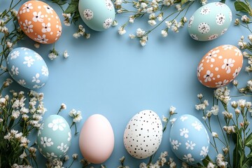 Obraz premium Colorful decorated Easter eggs arranged with flowers on a blue background during springtime celebrations
