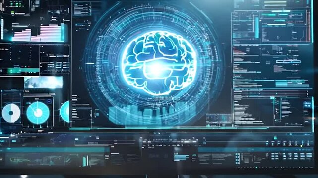 A high-tech workstation displaying an advanced digital interface with data visualizations, holographic elements, and analytical graphs. The glowing orange and blue accents convey a cutting-edge