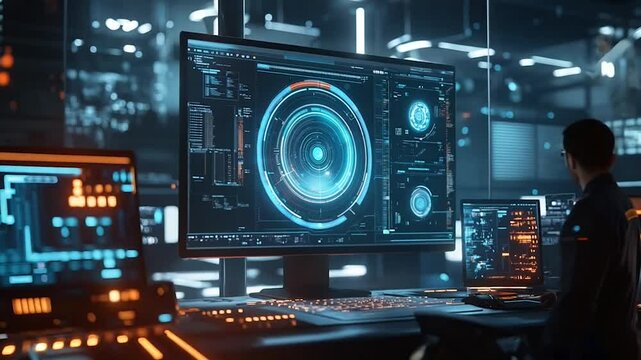 A high-tech workstation displaying an advanced digital interface with data visualizations, holographic elements, and analytical graphs. The glowing orange and blue accents convey a cutting-edge