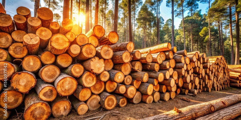 Poster A Stack of Logs Bathed in Golden Sunlight, Revealing the Intricate Grain Patterns of the Wood, Against a Backdrop of Towering Trees in a Forest