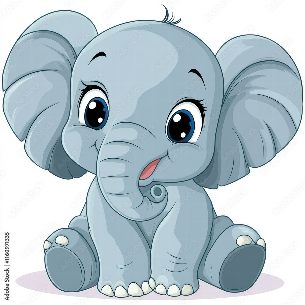 Poster cute illustration of an elephant with big eyes sitting in a playful pose, perfect for mock up with c