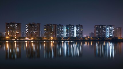 Fototapeta premium City buildings reflected on still lake at night, illuminated with warm light.