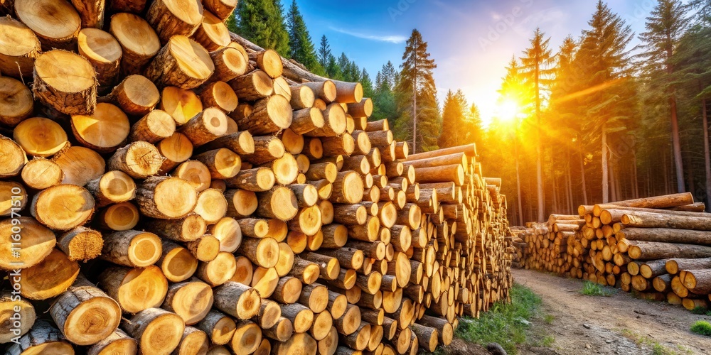 Poster a towering stack of freshly cut logs in a forest setting, bathed in the warm glow of a setting sun, 