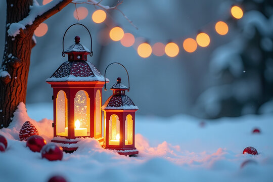 soft glowing lanterns winter scene snow colorful accents white