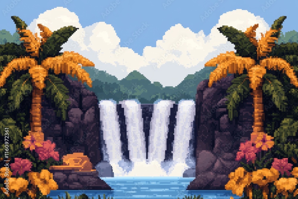 Poster a pixel art depiction of iguazãº falls, with animated cascading water and tiny pixelated rainbows su