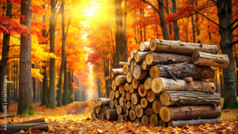 Poster a stack of neatly arranged logs rests on a bed of fallen autumn leaves in a forest bathed in golden 