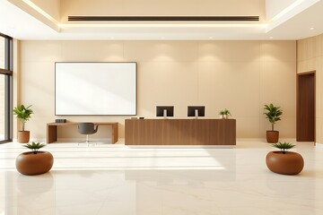 Modern Office Lobby Reception Area:  A contemporary office lobby with a clean, minimalist design. The reception desk is made of wood and features a large white mockup canvas.