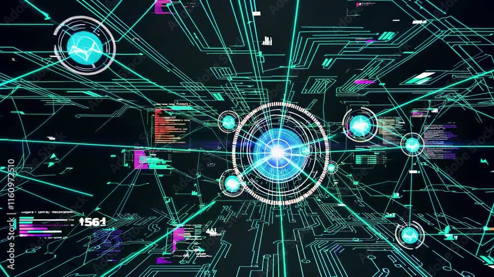 Poster visual representation of digital connections and data flow in a futuristic network environment
