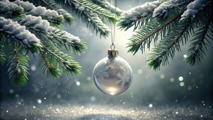 A frosted glass ornament hangs delicately from a snow-laden evergreen branch, capturing the soft glow of the winter sun.