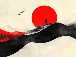 Minimalist Japanese-Inspired Landscape with Red Sun, Silhouetted Figure on Black Hills, Forests, Mountains, and Birds in Flight