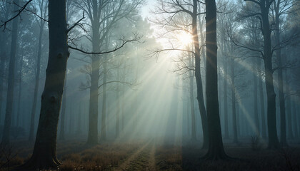 Serene foggy forest with sunlight filtering through trees, tranquil ambiance