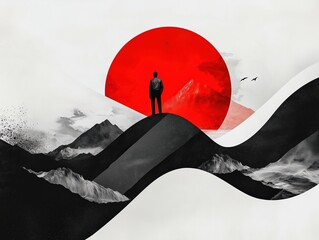 Minimalist Japanese-Inspired Landscape with Red Sun, Silhouetted Figure, Black and White Mountains, and Abstract Artistic Design