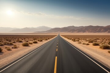 arafed road in the middle of a desert with mountains in the background