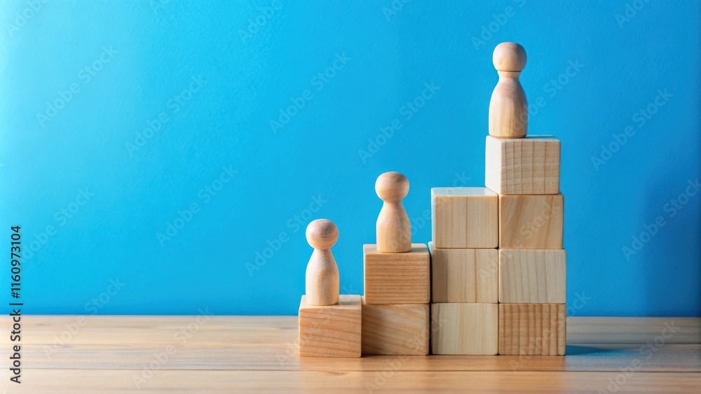 Poster wooden figures stand on a staircase of wooden blocks in front of a blue background
