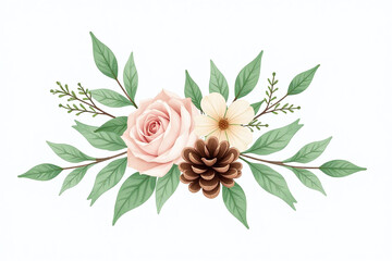 soft watercolor bouquet green leaves pine cone crisp white background ideal wedding aesthetics decorative