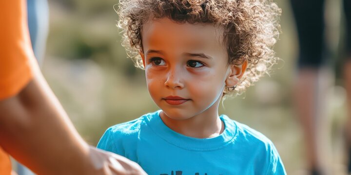 A child being sponsored for a charitable event, with a sponsorâ€™s logo featured on their T-shirt.