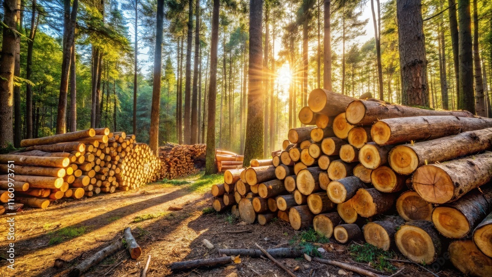 Poster sunlight filters through the dense canopy of a forest, illuminating stacks of freshly cut logs, a te