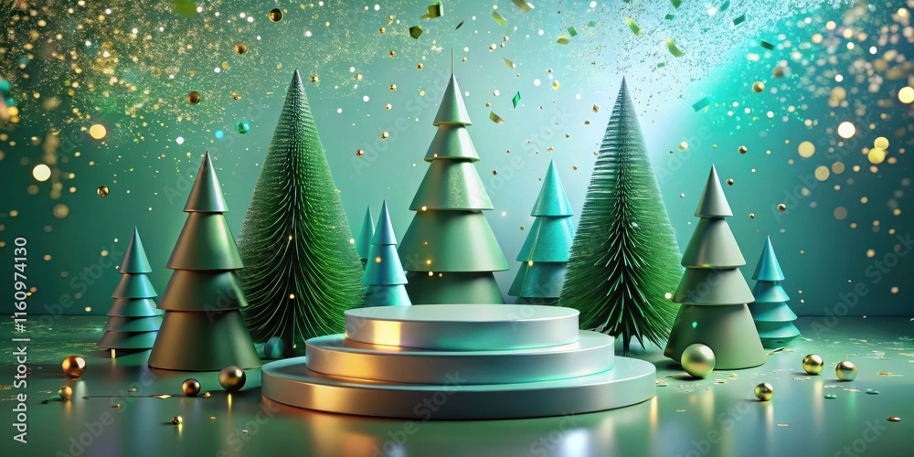 Poster a festive christmas scene with a three-tiered podium surrounded by stylized pine trees, sparkling wi