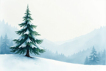 Fototapeta premium soft watercolors lone fir tree set snowy winter