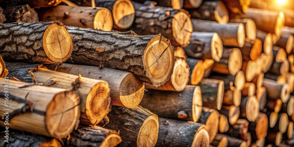 Poster a close-up of a stack of logs, their warm brown tones illuminated by the golden light of the setting