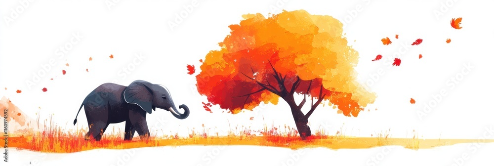 Fototapete illustration of an elephant walking near a vibrant tree with autumn leaves showcasing a serene lands