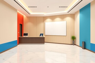 Modern Office Reception Area with Blank Canvas: A contemporary and stylish reception area with a blank canvas, ideal for showcasing your company's logo or message.