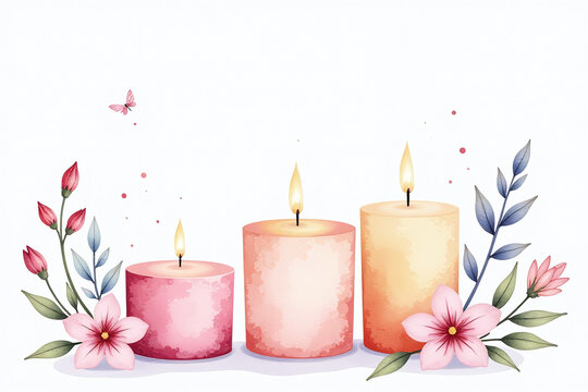soft watercolour illustrations adorn plain white backgrounds wax candles delicate pastel