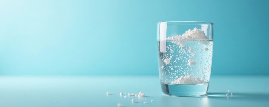 Clear glass, psyllium fiber dissolved in water, light blue backdrop, health, digestive support, colon