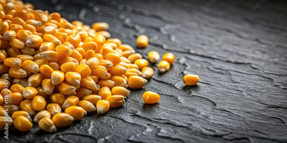 Poster A close-up view of a pile of yellow corn kernels on a black stone surface. The kernels are arranged in a random pattern, with some scattered around the pile.