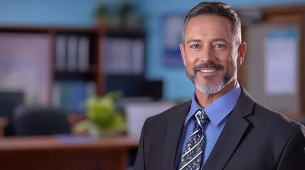 Fototapeta premium Confidently Smiling Businessman Portrait Photo: Professional Headshot in Modern Office. AI Generated
