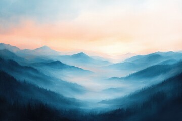Fototapeta premium Soft hues blend in misty mountains, creating serene and tranquil