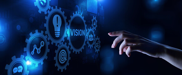 Vision mission business development strategy concept on virtual screen.