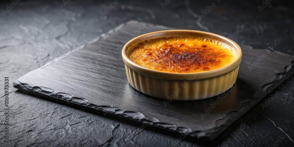 Poster a single serving of creamy custard with a perfectly caramelized top, resting on a smooth black slate