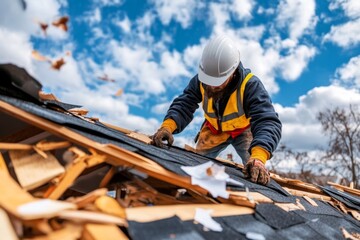 A repaired roof on a home after a storm, with an insurance agent documenting the restoration process