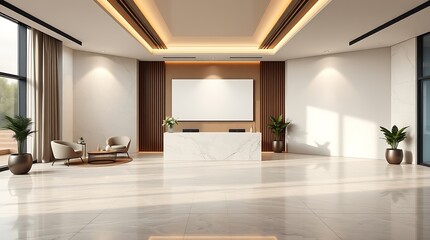 Modern Lobby with Blank Canvas: Sleek and sophisticated, this modern lobby features a  marble reception desk, plush seating, and a large blank canvas, creating a welcoming and professional atmosphere.